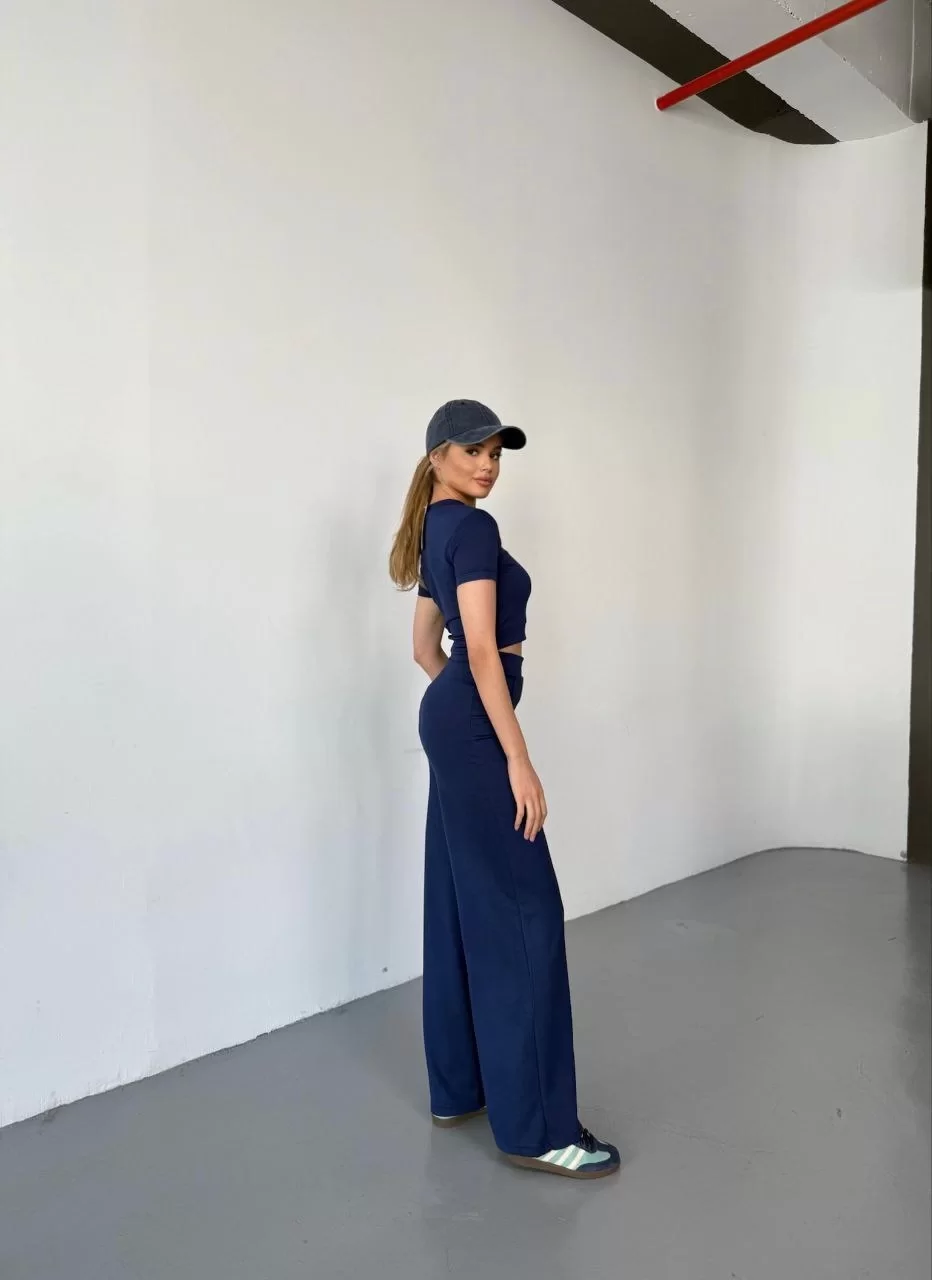 Osy Modal Yumuşak Dokulu Kumaş Kısa Kollu Crop Rahat Pantalon ikili Takım - Lacivert