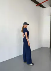 Osy Modal Yumuşak Dokulu Kumaş Kısa Kollu Crop Rahat Pantalon ikili Takım - Lacivert