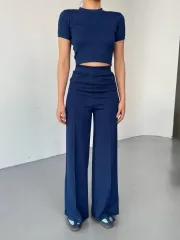 Osy Modal Yumuşak Dokulu Kumaş Kısa Kollu Crop Rahat Pantalon ikili Takım - Lacivert