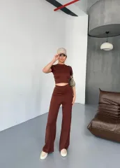 Osy Modal Yumuşak Dokulu Kumaş Kısa Kollu Crop Rahat Pantalon ikili Takım - Kahverengi