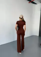 Osy Modal Yumuşak Dokulu Kumaş Kısa Kollu Crop Rahat Pantalon ikili Takım - Kahverengi
