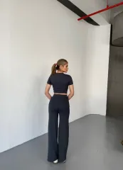 Osy Modal Yumuşak Dokulu Kumaş Kısa Kollu Crop Rahat Pantalon ikili Takım - Füme