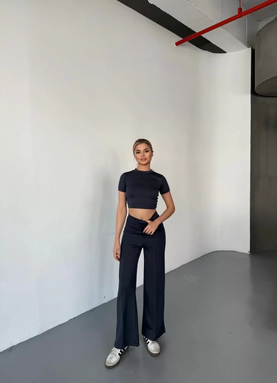 Osy Modal Yumuşak Dokulu Kumaş Kısa Kollu Crop Rahat Pantalon ikili Takım - Füme