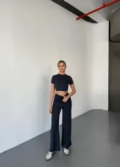 Osy Modal Yumuşak Dokulu Kumaş Kısa Kollu Crop Rahat Pantalon ikili Takım - Füme