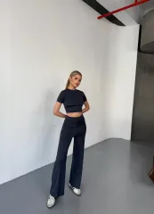 Osy Modal Yumuşak Dokulu Kumaş Kısa Kollu Crop Rahat Pantalon ikili Takım - Füme