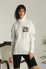 Kadın Sırt Baskılı Oversize Üç İplik Kapüşonlu Sweatshirt - Beyaz