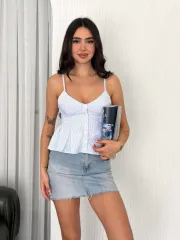 Askılı Dekolte deraylı crop - Açık Mavi