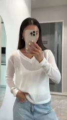 V Yaka uzun Kollu Triko ince Bluz - Beyaz