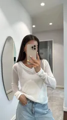 V Yaka uzun Kollu Triko ince Bluz - Beyaz