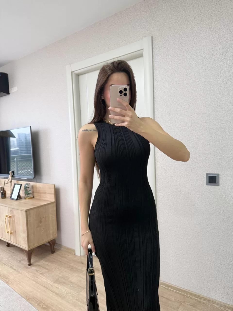 Fitilli Triko Elbise Maxi Uzun boy - Siyah