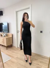 Fitilli Triko Elbise Maxi Uzun boy - Siyah