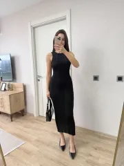 Fitilli Triko Elbise Maxi Uzun boy - Siyah