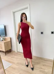 Fitilli Triko Elbise Maxi Uzun boy - Bordo