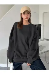 Kadın Düz Bisiklet Yaka Sweat - Siyah