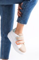 VALENCIA Bağcıksız Cırt Cırtlı Ortopedik Taban Kadın Sneaker Spor Ayakkabı BT - Beyaz/Ten/Mavi