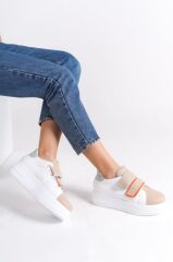 VALENCIA Bağcıksız Cırt Cırtlı Ortopedik Taban Kadın Sneaker Spor Ayakkabı BT - Beyaz/Ten/Mavi