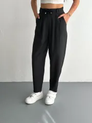 Kadın Yüksel Bel Rahat Paça Pantalon - Siyah