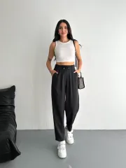 Kadın Yüksel Bel Rahat Paça Pantalon - Siyah