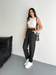 Kadın Yüksel Bel Rahat Paça Pantalon - Siyah