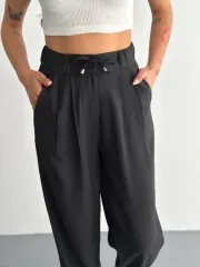 Kadın Yüksel Bel Rahat Paça Pantalon - Siyah