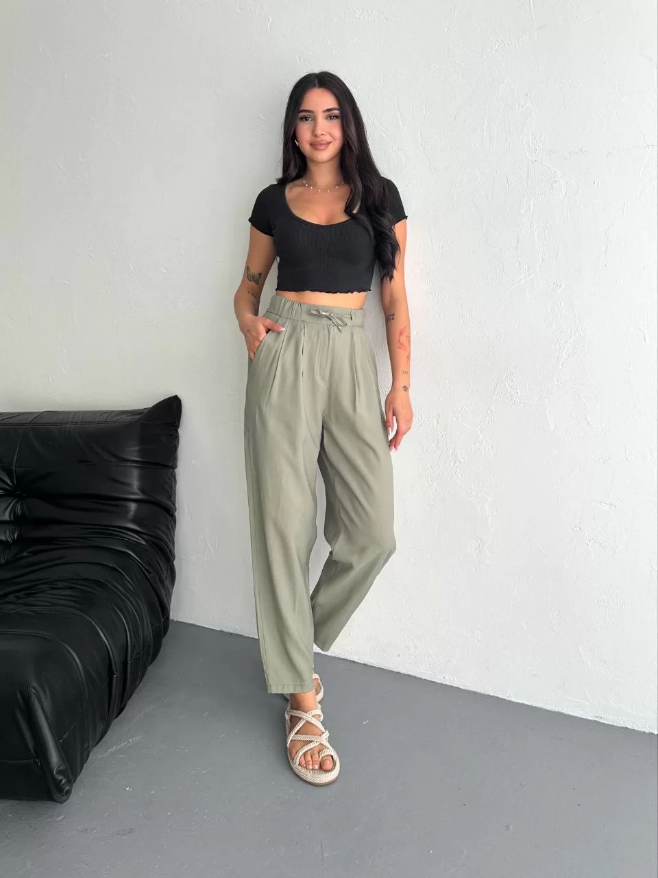 Kadın Yüksel Bel Rahat Paça Pantalon - Su Yeşili