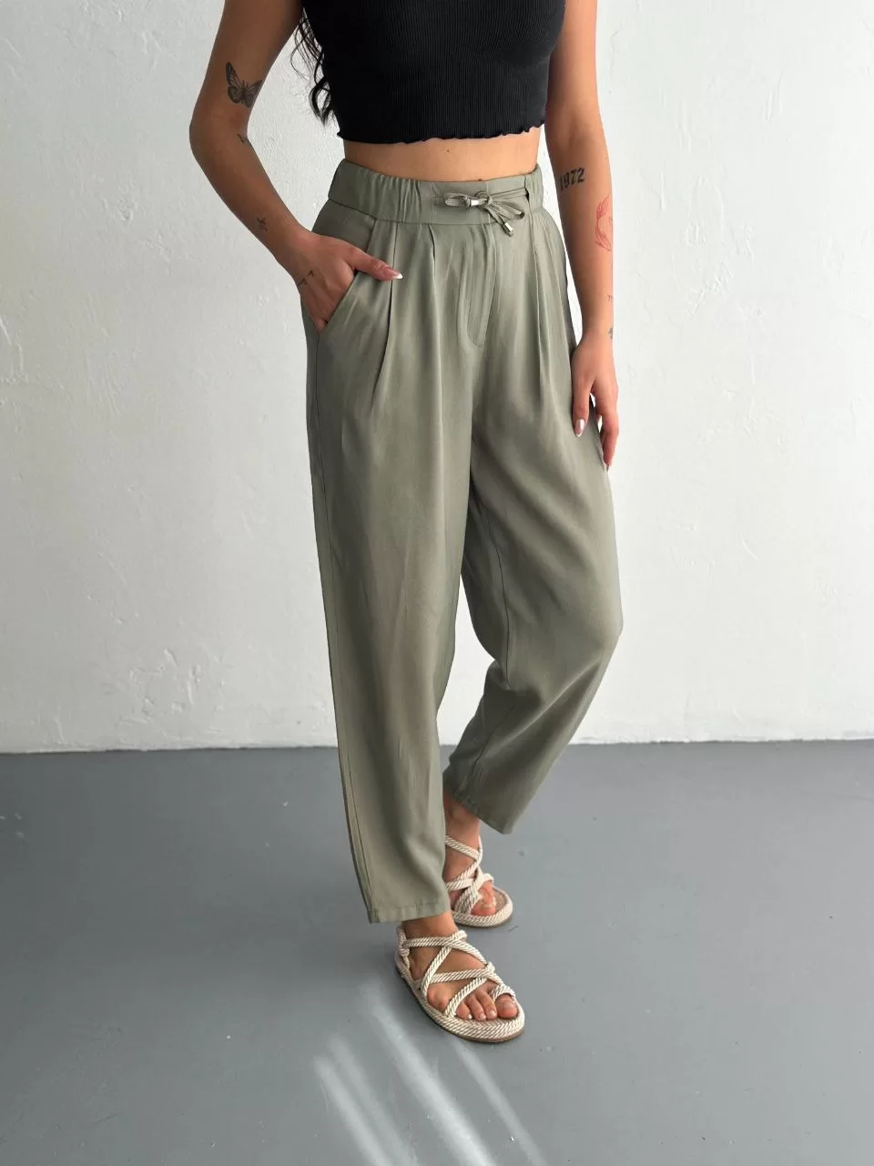 Kadın Yüksel Bel Rahat Paça Pantalon - Su Yeşili