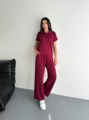 Osy Modal Yumuşak Dokulu Kumaş Kısa Kollu Yakalı T-shirt Pantalon ikili Takım- Bordo