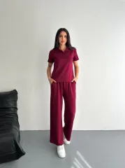 Osy Modal Yumuşak Dokulu Kumaş Kısa Kollu Yakalı T-shirt Pantalon ikili Takım- Bordo
