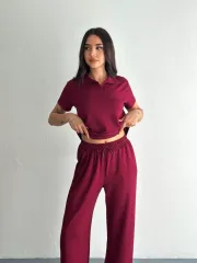 Osy Modal Yumuşak Dokulu Kumaş Kısa Kollu Yakalı T-shirt Pantalon ikili Takım- Bordo