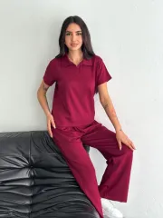 Osy Modal Yumuşak Dokulu Kumaş Kısa Kollu Yakalı T-shirt Pantalon ikili Takım- Bordo