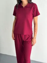 Osy Modal Yumuşak Dokulu Kumaş Kısa Kollu Yakalı T-shirt Pantalon ikili Takım- Bordo