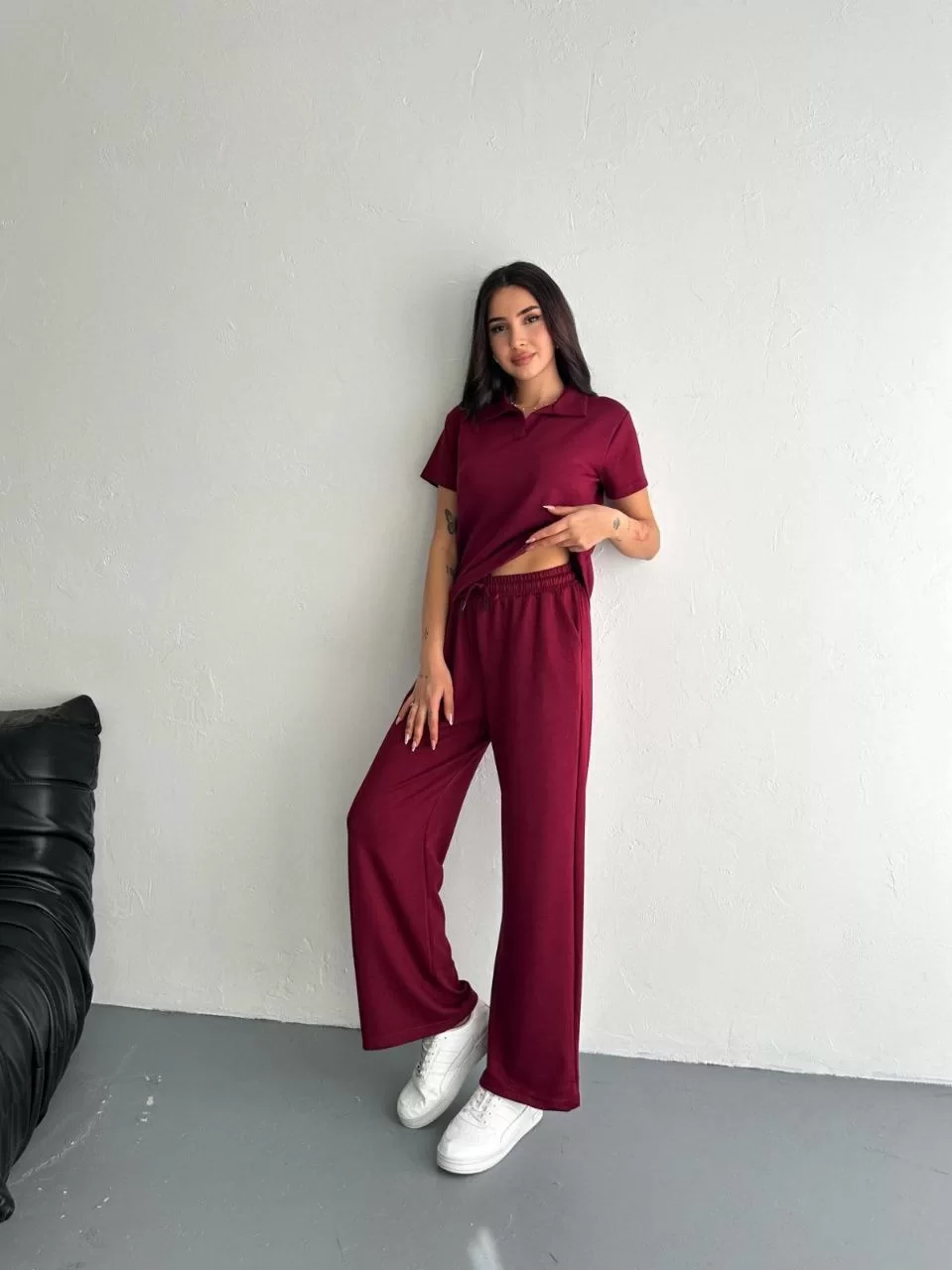 Osy Modal Yumuşak Dokulu Kumaş Kısa Kollu Yakalı T-shirt Pantalon ikili Takım- Bordo