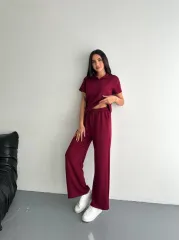 Osy Modal Yumuşak Dokulu Kumaş Kısa Kollu Yakalı T-shirt Pantalon ikili Takım- Bordo