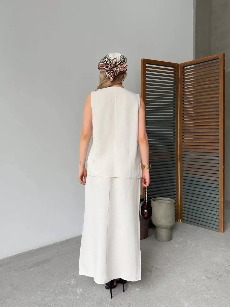 Keten Kolsuz Hırka Etek ikili Takım- Beyaz