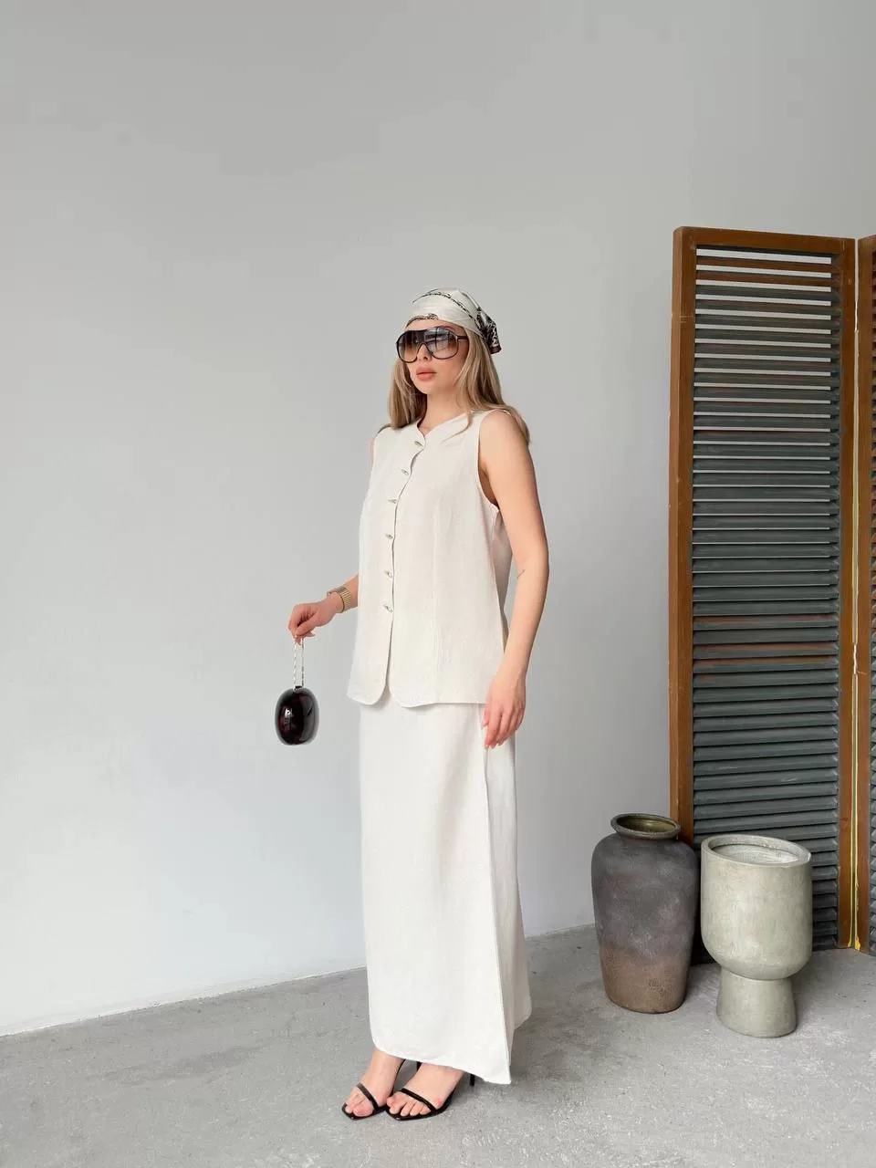 Keten Kolsuz Hırka Etek ikili Takım- Beyaz