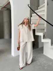 Keten Kısa Kollu Cepli Gömlek Pantolon ikili Takım - Beyaz