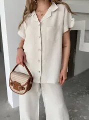 Keten Kısa Kollu Cepli Gömlek Pantolon ikili Takım - Beyaz