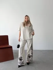 Keten Kısa kolu  V Yaka Bluz Pantolon ikili Takım- Beyaz