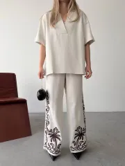 Keten Kısa kolu  V Yaka Bluz Pantolon ikili Takım- Beyaz