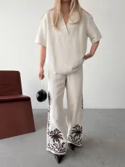 Keten Kısa kolu  V Yaka Bluz Pantolon ikili Takım- Beyaz