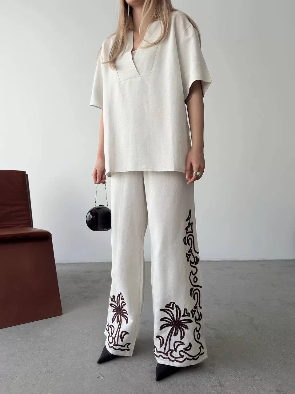 Keten Kısa kolu  V Yaka Bluz Pantolon ikili Takım- Beyaz