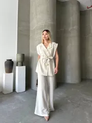 Keten Sıfır Kol Kuşaklı Ceket Pantolon ikili Takım - Beyaz