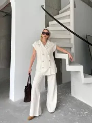 Keten Sıfır Kol Blezer Ceket Pantolon ikili Takım- Beyaz