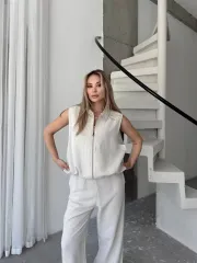 Keten Tam Fermuarlı Kolsuz Ceket Pantolon ikili Takım- Beyaz
