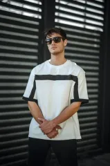 Unisex Yandan Fermuarlı Parçalı T-Shirt - Beyaz