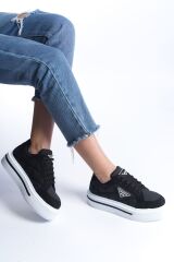 PRAG Bağcıklı Ortopedik Taban Desenli Kadın Sneaker Spor Ayakkabı  BT - Siyah