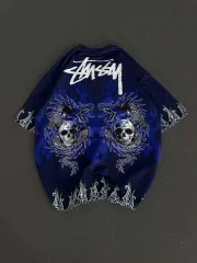 Unisex Bisiklet Yaka Baskılı Oversize T-Shirt - Lacivert