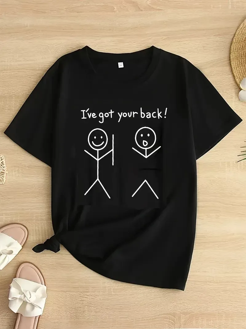 Kadın Beyaz ''I've Got Your Back'' Grafik Tişört - Eğlenceli Çubuk Tasarımlı Oversize Günlük Kısa Kollu Tişört, Polyester Örgü, Yuvarlak Yaka, İlkbahar ve Yaz için Mükemmel, Günlük Giyim Tişört | Eğlenceli Tasarım | Polyester Kumaş- Siyah