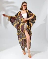 Kadın Rahat Kesim Kemerli Şifon Kimono - Kahve