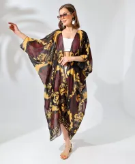 Kadın Rahat Kesim Kemerli Şifon Kimono - Kahve